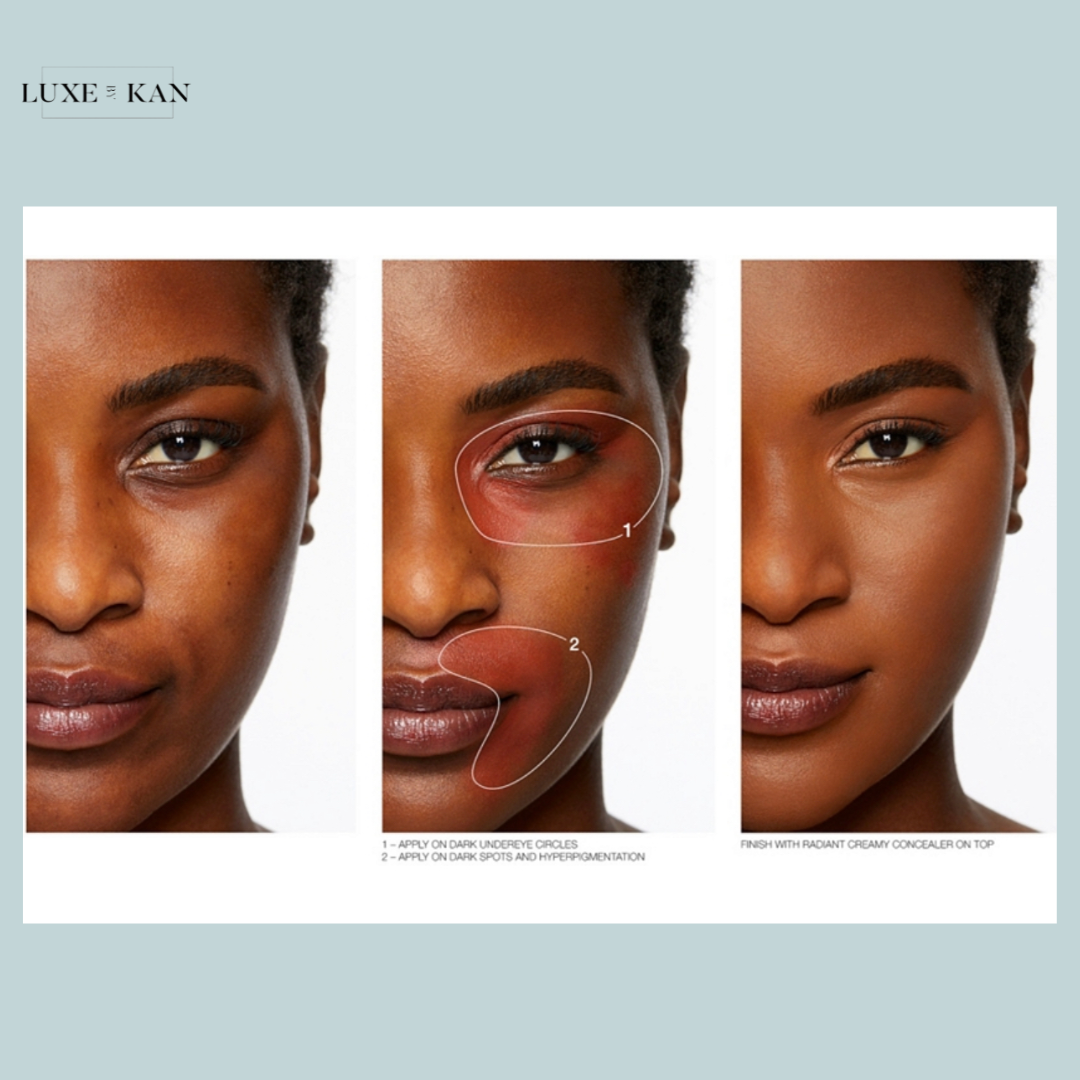 Nars product featuring makeup application instructions for addressing dark spots and pigmentation on diverse skin tones.
