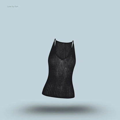 SKIMS Sheer Knit Plunge Tank in Onyx, flat lay on light blue background