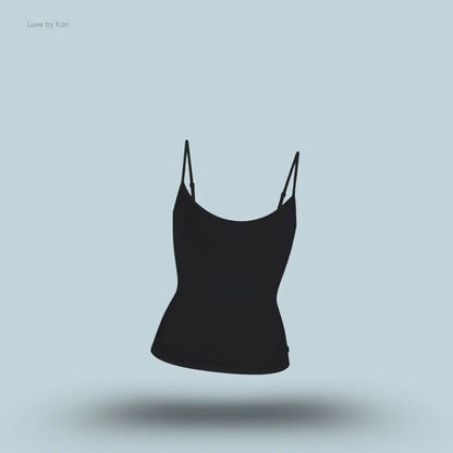 SKIMS Sleep Cami in Onyx, flat lay on light blue background