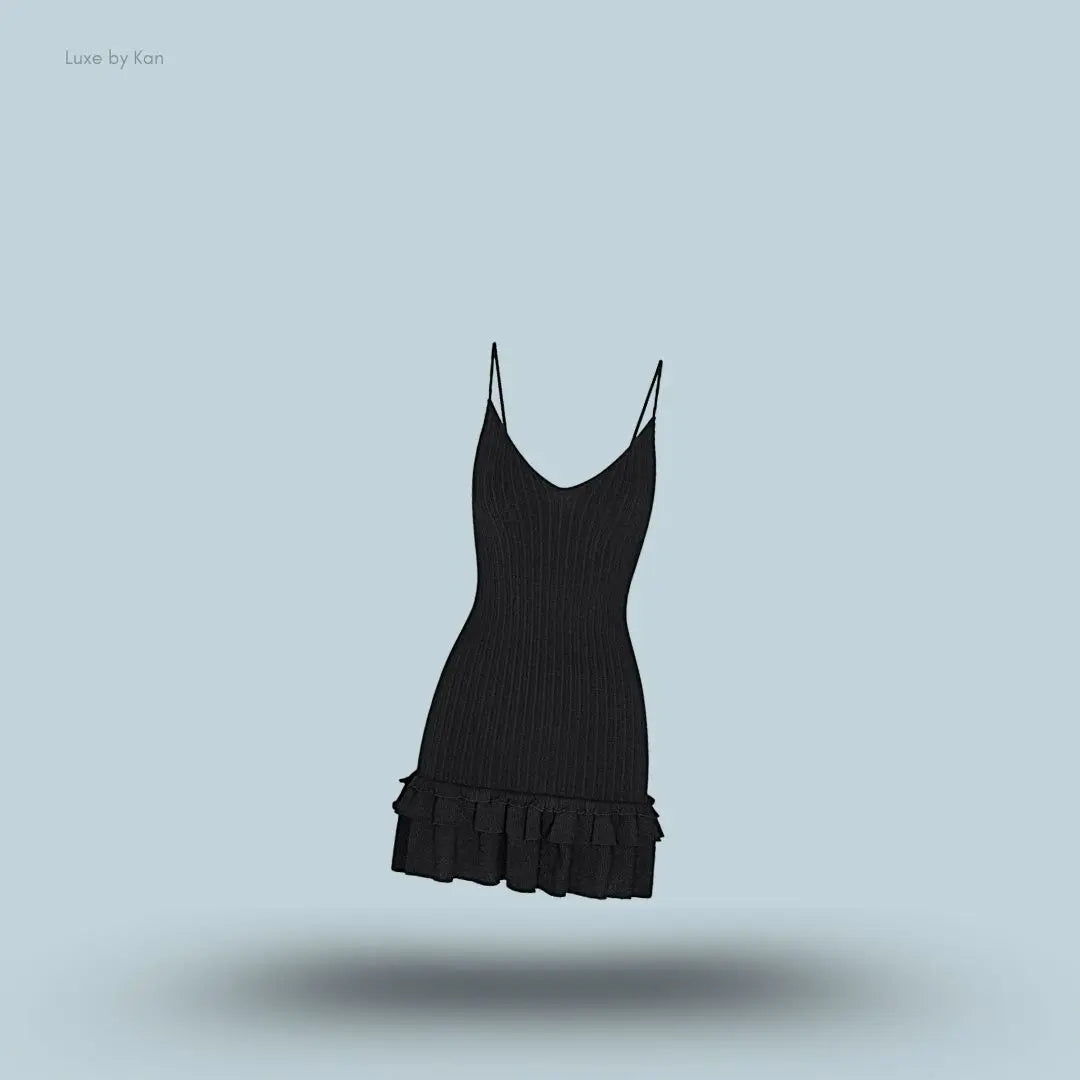 SKIMS Sheer Knit Ruffle Dress in Onyx, flat lay on light blue background