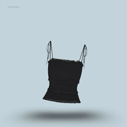 SKIMS Sheer Knit Ruffle Cami in Onyx, flat lay on light blue background