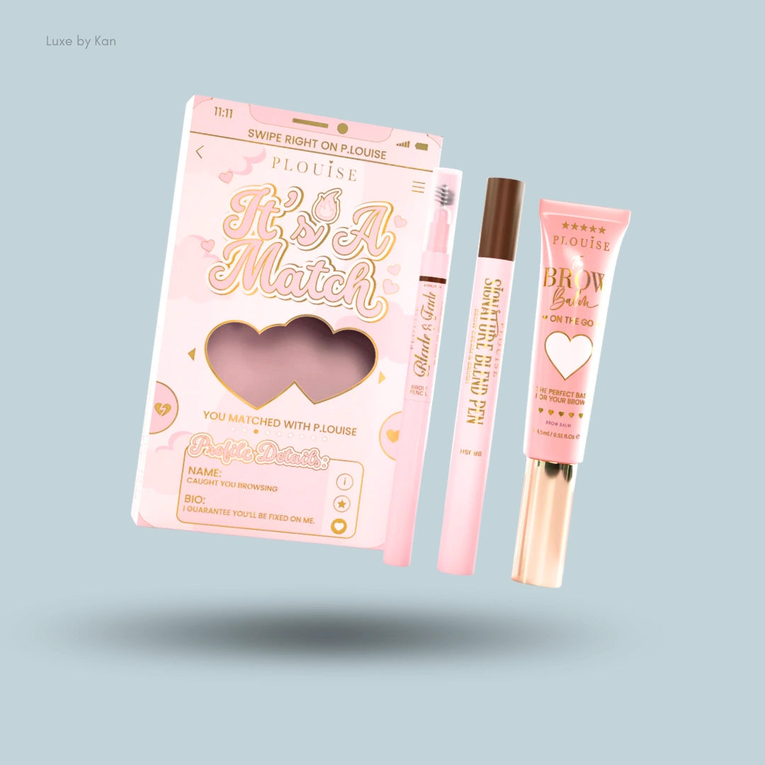 A P.Louise "It's A Match" brow kit with three pink makeup tools and a pink box on a light blue background with shadow.
