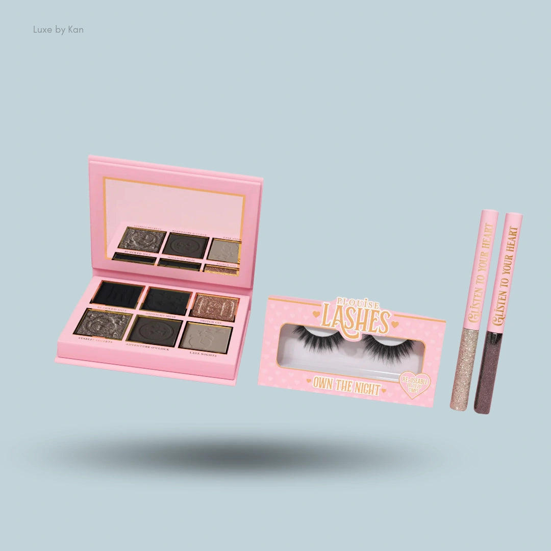 P Louise midnight muse makeup bundle featuring a dark eyeshadow palette, false lashes, and two glitter eyeliners on a blue background.