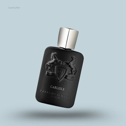 Black Parfums de Marly Carlisle Eau de Parfum spray bottle with silver cap.
