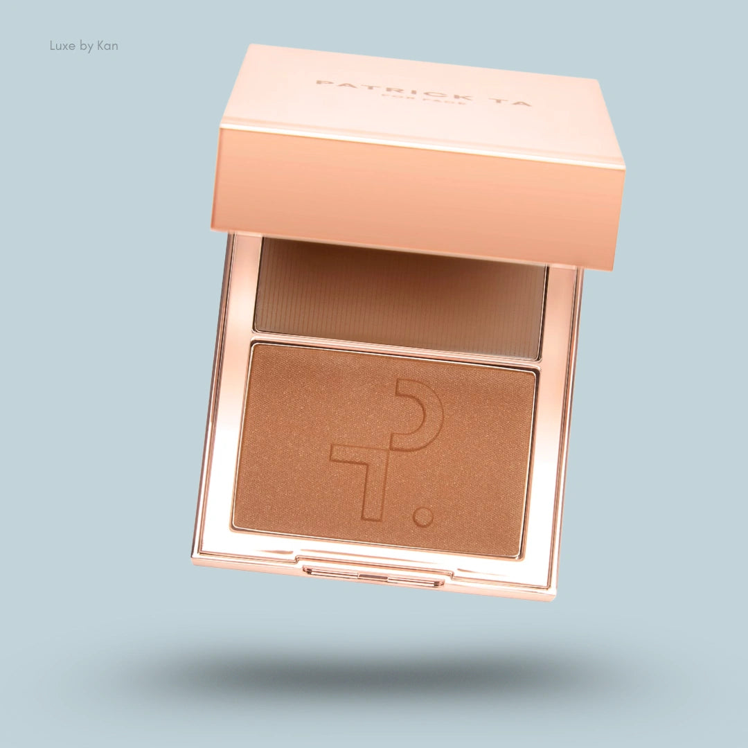 Patrick Ta Major Sculpt duo featuring a cream contour and powder bronzer in a rose gold compact against a blue backdrop.