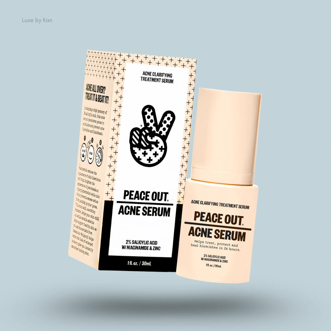 Peace Out Acne Serum box and bottle, acne clarifying treatment with a hand giving the peace sign on the front.