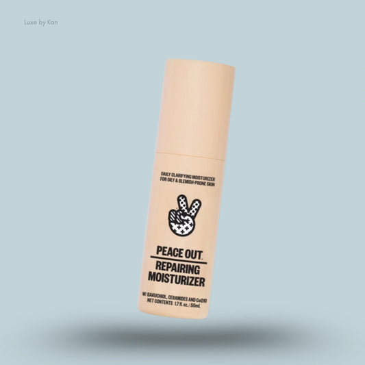 Tan tube of Peace Out repairing moisturiser for oily and blemish-prone skin.