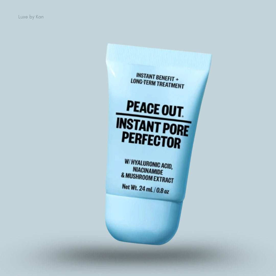 Peace Out Instant Pore Perfector tube, featuring text listing hyaluronic acid, niacinamide, and mushroom extract as ingredients.
