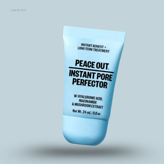 Peace Out Instant Pore Perfector tube, featuring text listing hyaluronic acid, niacinamide, and mushroom extract as ingredients.