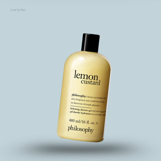 A bottle of Philosophy Scent-sational Lemon Custard Hydrating Shower Gel.