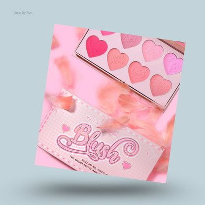 Plouise "My First Blush" palette displaying heart-shaped blush shades, with pink feather props.