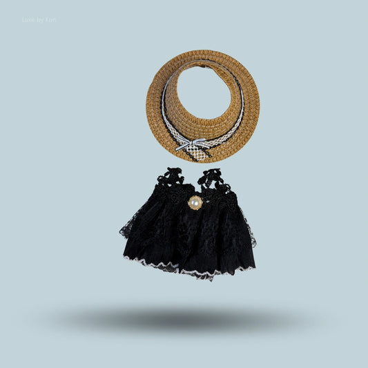 Straw sun hat and lace dress for Pop Mart Labubu doll vintage picnic outfit.