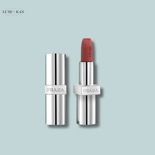 Prada silver lipstick tube with a matte mauve lip shade.