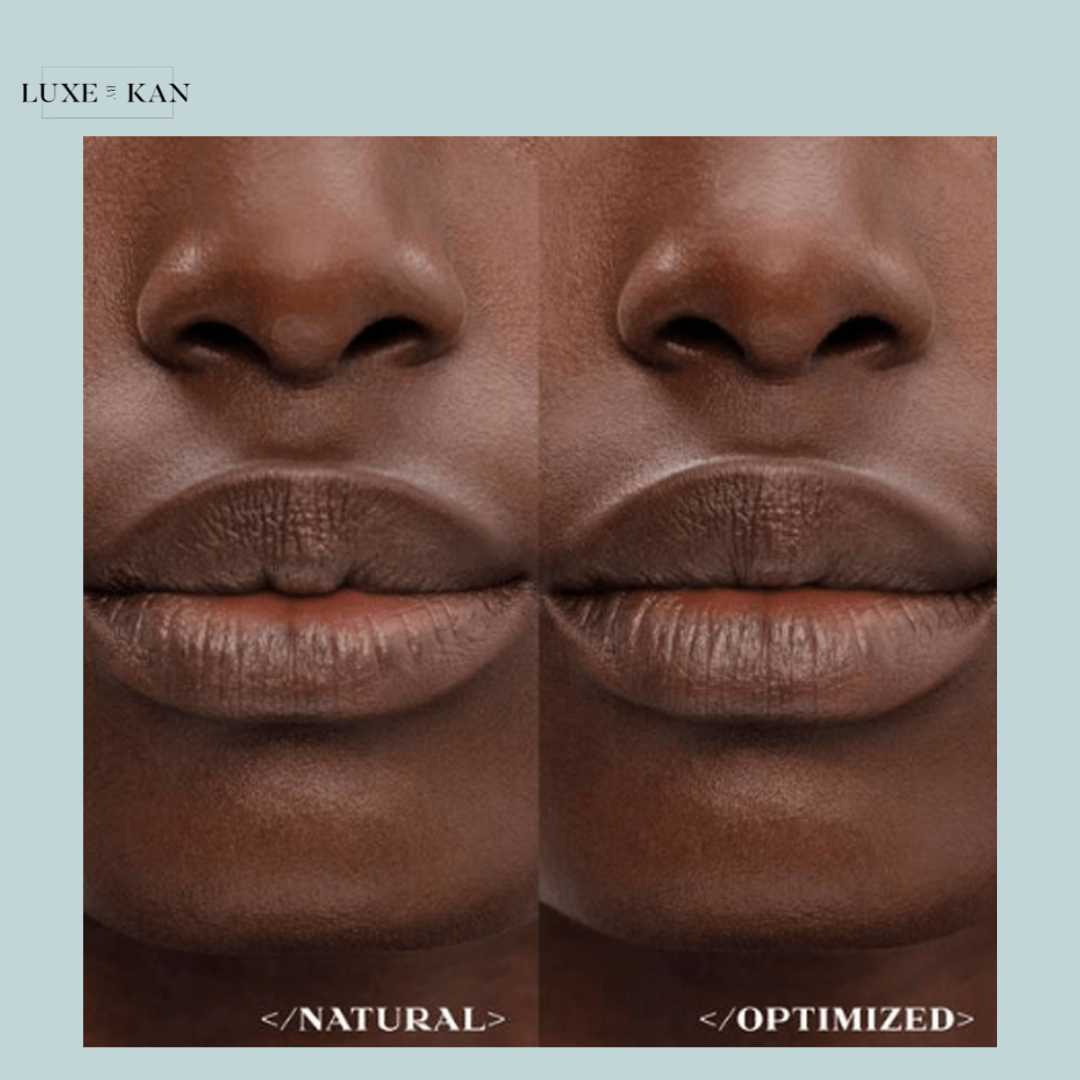 A close-up of a person's lips showing the 'natural' and 'optimized' look after using Prada Lip Balm.