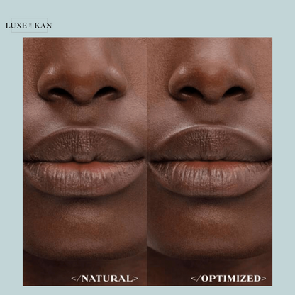 A close-up of a person's lips showing the 'natural' and 'optimized' look after using Prada Lip Balm.