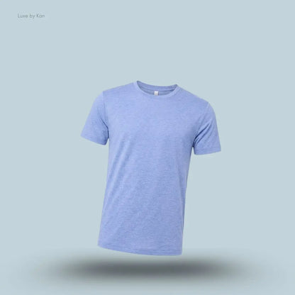 Alo Conquer Reform Crewneck Short Sleeve in Provence Blue Heather, flat lay on light blue background