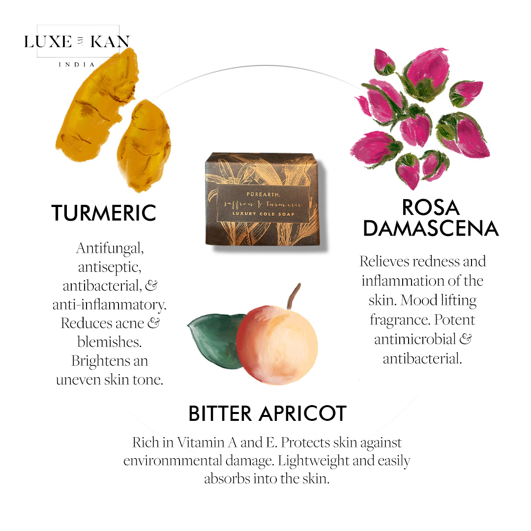 Saffron & turmeric luxury cold soap, highlighting its skin benefits and mood-enhancing properties.