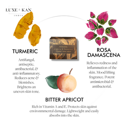 Saffron & turmeric luxury cold soap, highlighting its skin benefits and mood-enhancing properties.