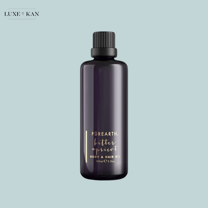 Purearth bitter apricot body & hair oil bottle.