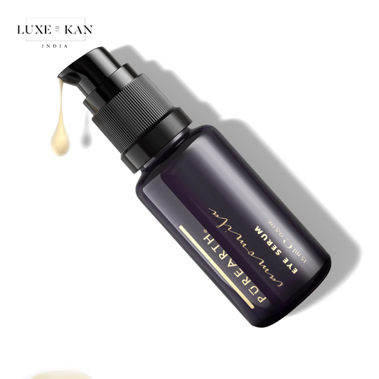 A sleek dark bottle of Purearth Eye Serum with a pump lid, dispensing a golden drop of serum.