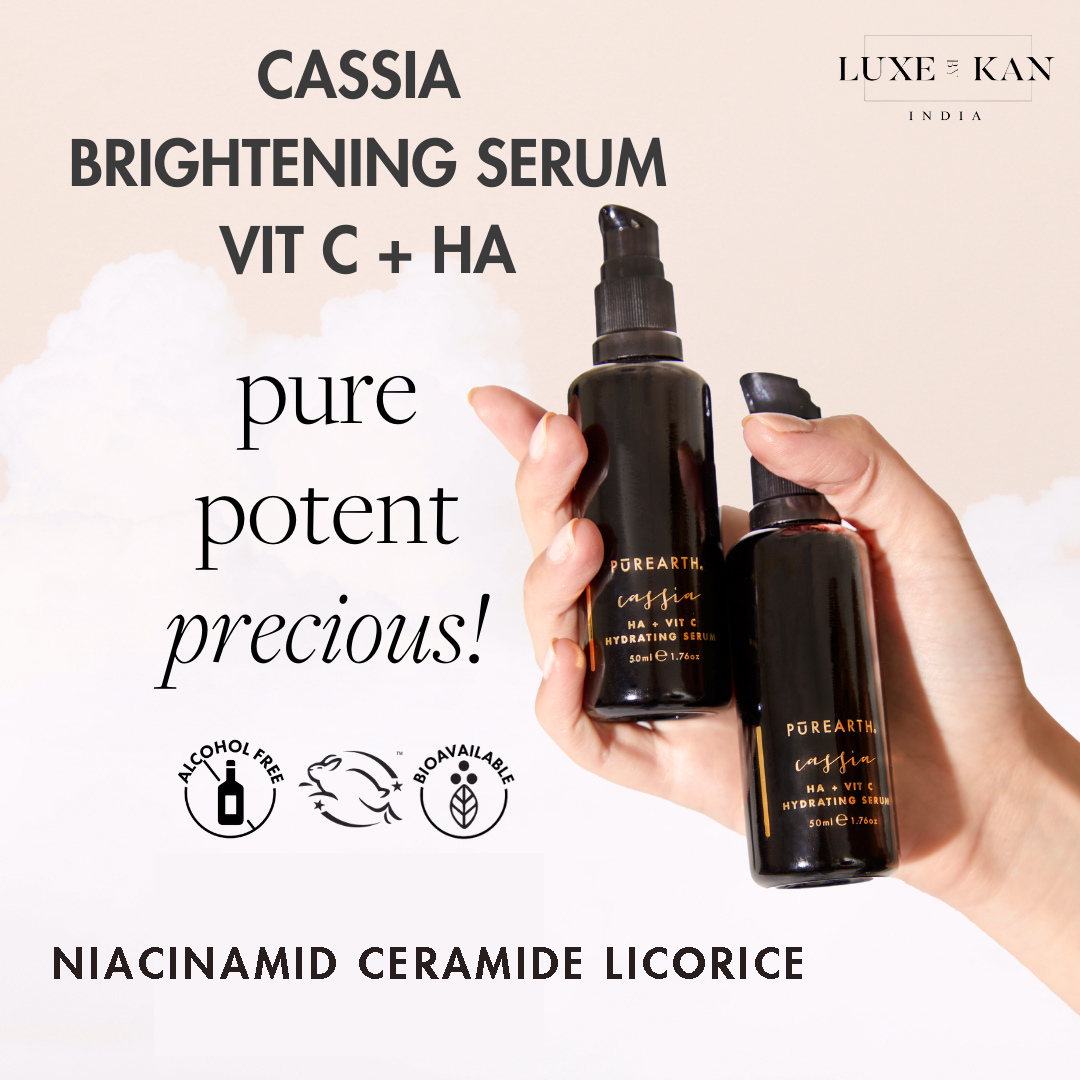 Two dark glass serum bottles labeled "Cassia Brightening Serum" against a soft background, highlighting their key ingredients and benefits.