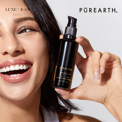 A person holds a sleek black bottle of Purearth HA + Vit C Hydrating Serum, showcasing the elegant design and label.
