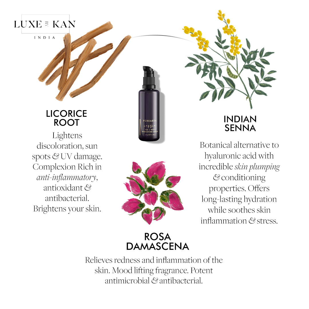 Three skincare ingredients: Licorice Root, Indian Senna, and Rosa Damascena, with benefits and a product bottle.