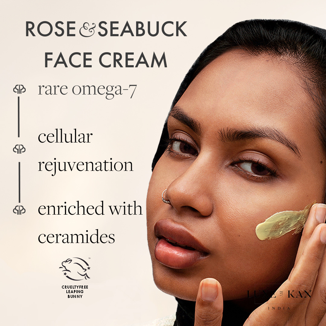 Rose & Seabuck Face Cream, highlighting its benefits: rare omega-7, cellular rejuvenation, and ceramides.