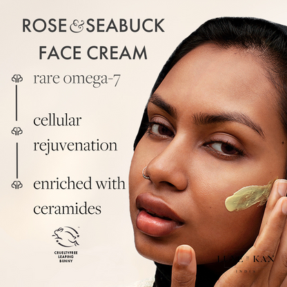 Rose & Seabuck Face Cream, highlighting its benefits: rare omega-7, cellular rejuvenation, and ceramides.