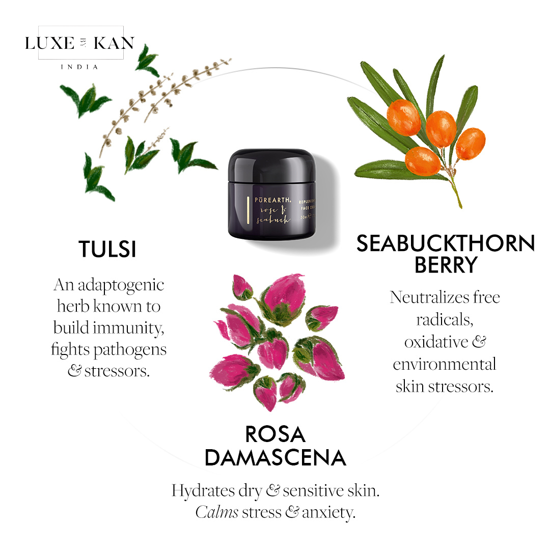 PUREARTH's face cream featuring Tulsi, Seabuckthorn Berry, and Rosa Damascena, highlighting their benefits for skin health.