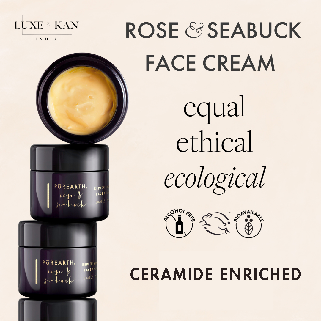 Three jars of PūrEarth Rose & Seabuck Face Cream stacked, featuring labels highlighting its benefits: ceramide enriched, alcohol-free, ethical.