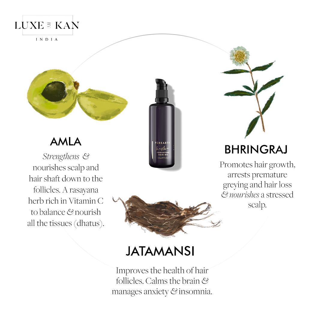 Amla, Bhringraj, and Jatamansi highlight benefits for hair health on a product label for purearth kesha fortifying hair oil.