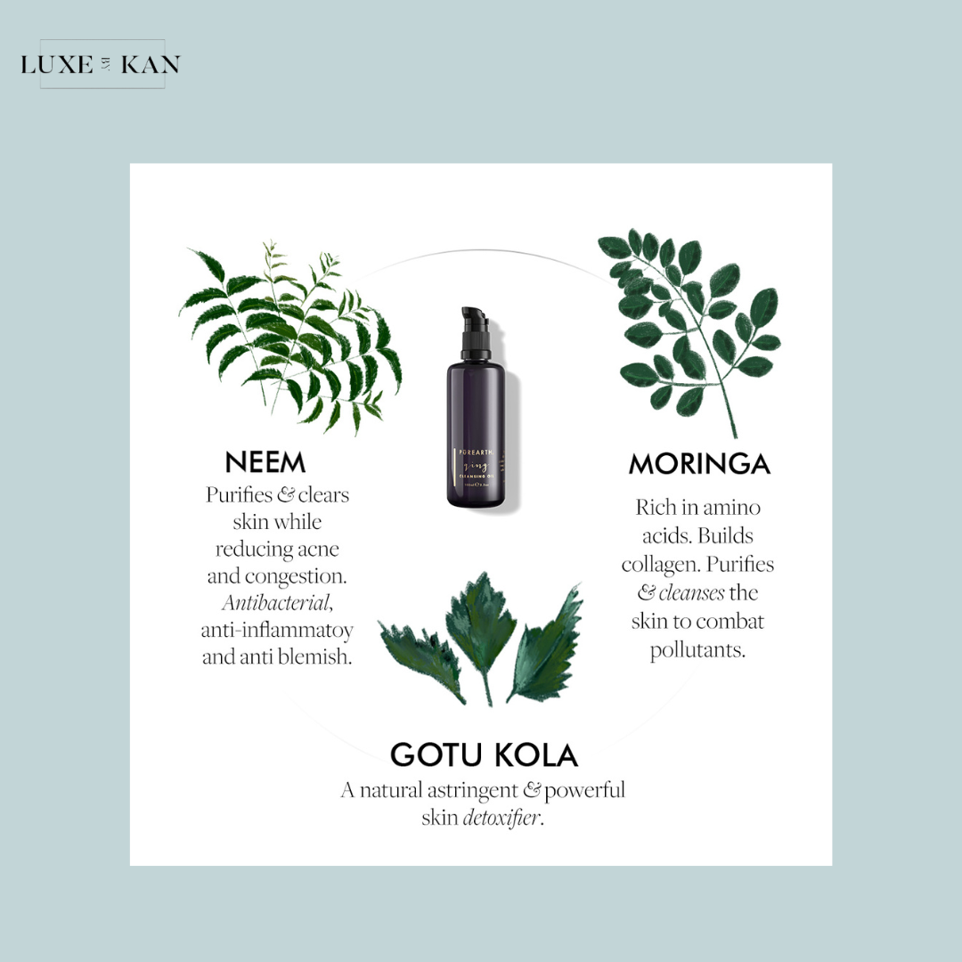 Purearth qing cleansing oil product highlighting key ingredients: Neem, Moringa, and Gotu Kola, with benefits for skin purification and health.