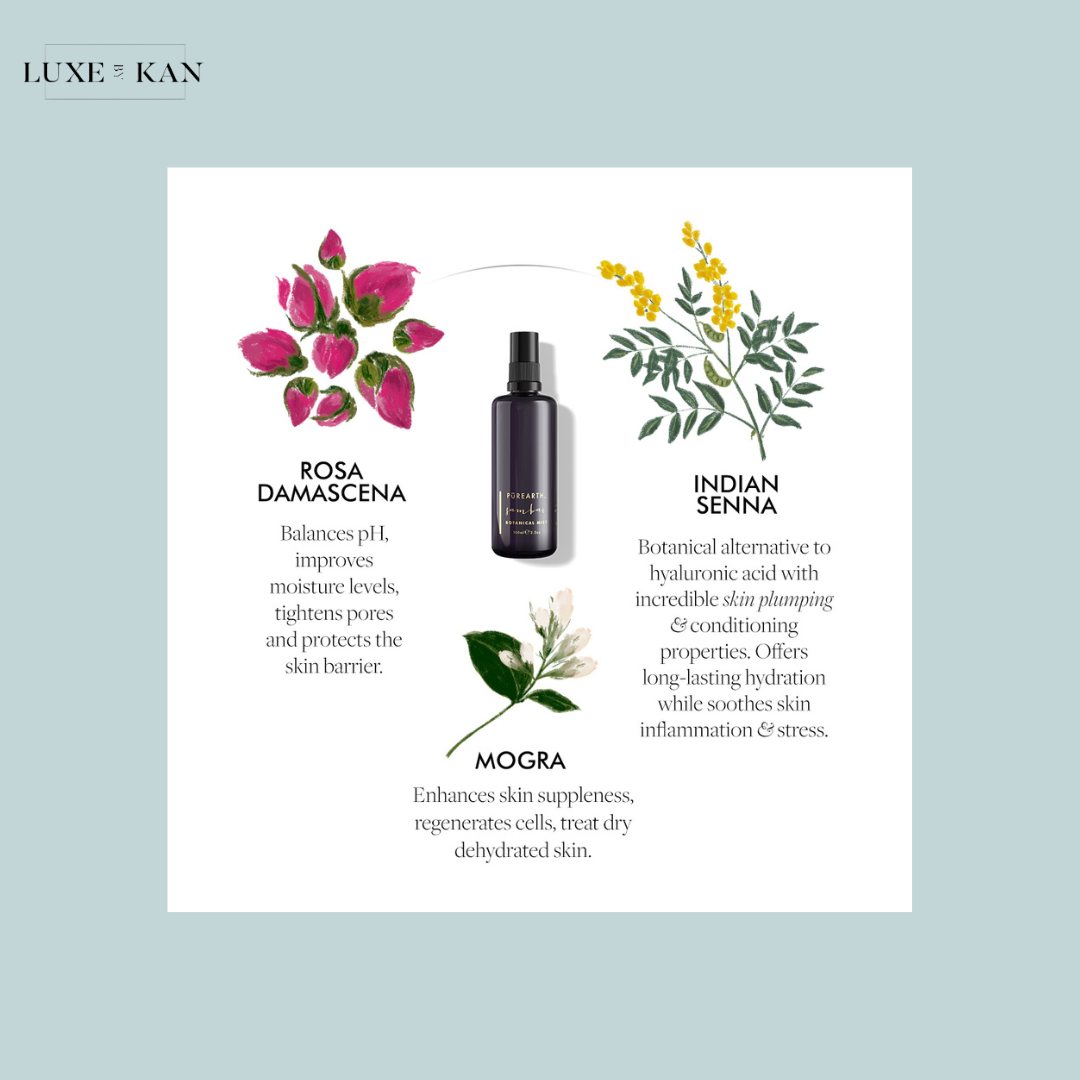 Sambac botanical essence product, highlighting benefits of Rosa Damascena, Indian Senna, and Mogra for skin hydration and care.