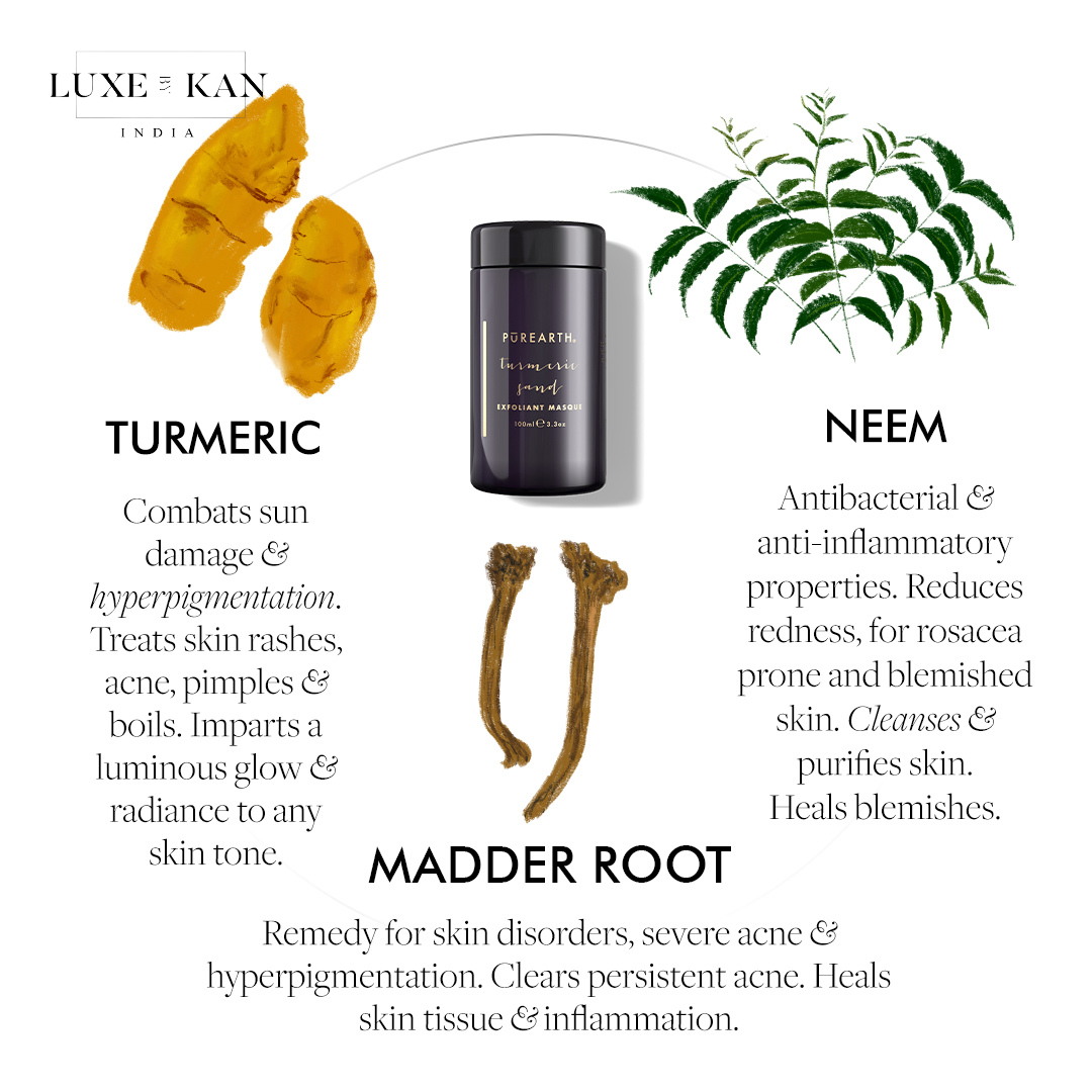 Purearth turmeric sand exfoliant face masque showing turmeric, neem, and madder root with descriptions highlighting their skincare benefits and properties.