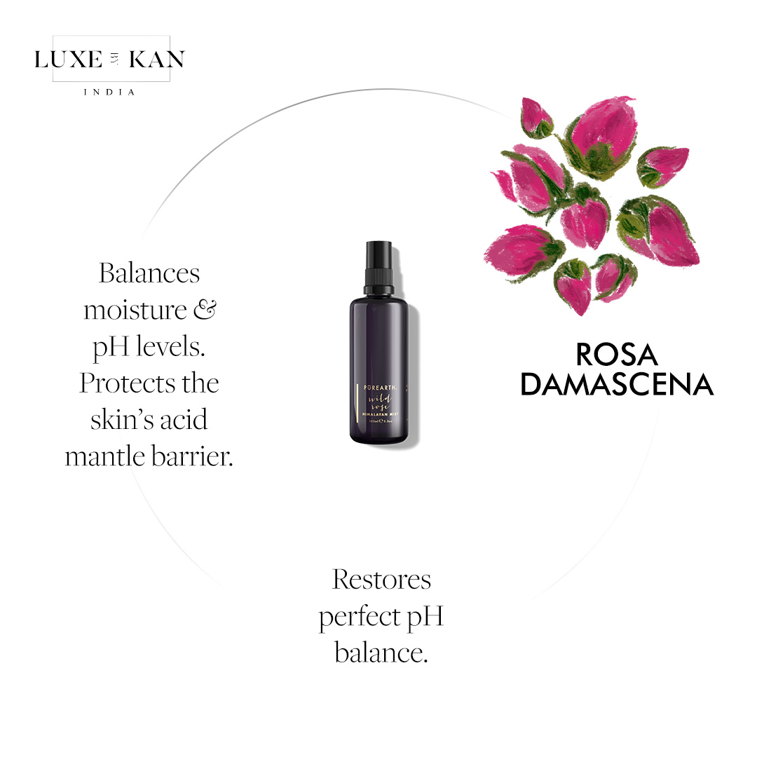 A dark bottle of skincare mist alongside pink roses, highlighting benefits of moisture balance and pH restoration.