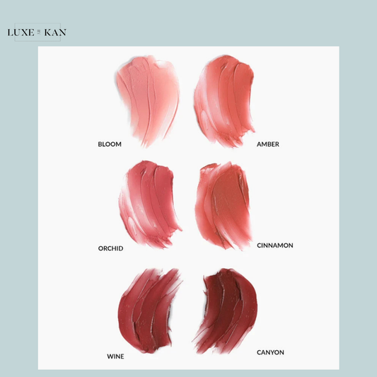 Six swatches of Refy lip blush in various shades: Bloom, Amber, Orchid, Cinnamon, Wine, and Canyon.