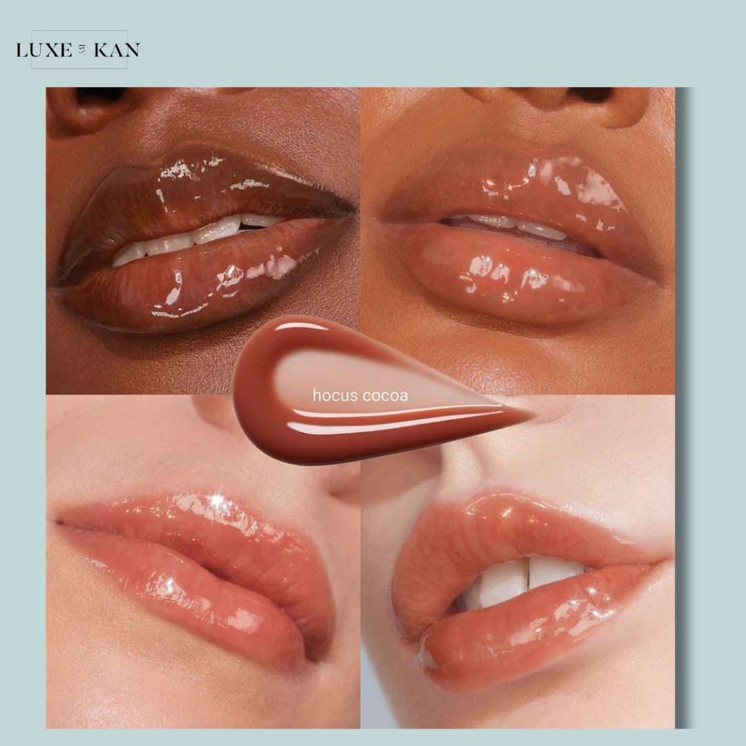 Collage of diverse lips showcasing the "Hocus Cocoa" lip gloss shade, highlighting its glossy finish on various skin tones.