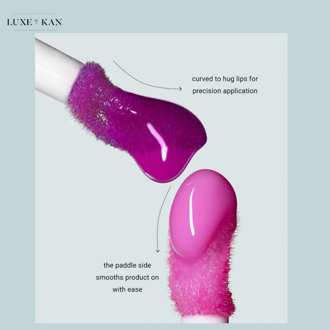 Two applicator tips for a lip product: a curved tip for precision and a paddle tip for smooth application, with vibrant purple and pink colors.