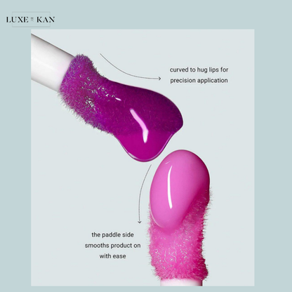 Two applicator tips for a lip product: a curved tip for precision and a paddle tip for smooth application, with vibrant purple and pink colors.