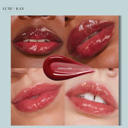 Four lips in varying skin tones showcase a glossy, cherry cola lip color, with a swatch alongside labeled "cherry cola."