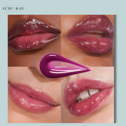 Four close-up images of glossy lips in various shades of pink and purple, featuring the product "juice box" displayed in a droplet.
