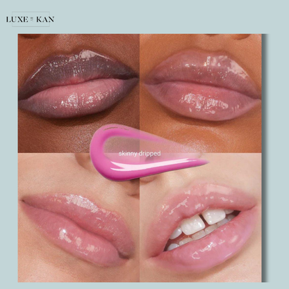 Four sets of glossy lips in varying shades, with a pink lip gloss swatch labeled "skinny dripped" in the center.