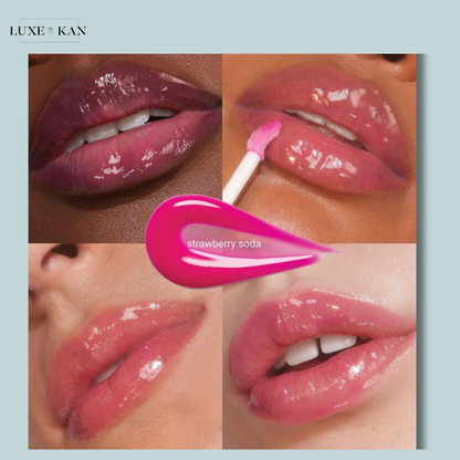 Collage of glossy lips in shades of pink, showcasing the "Strawberry Soda" lip gloss applied with a wand.