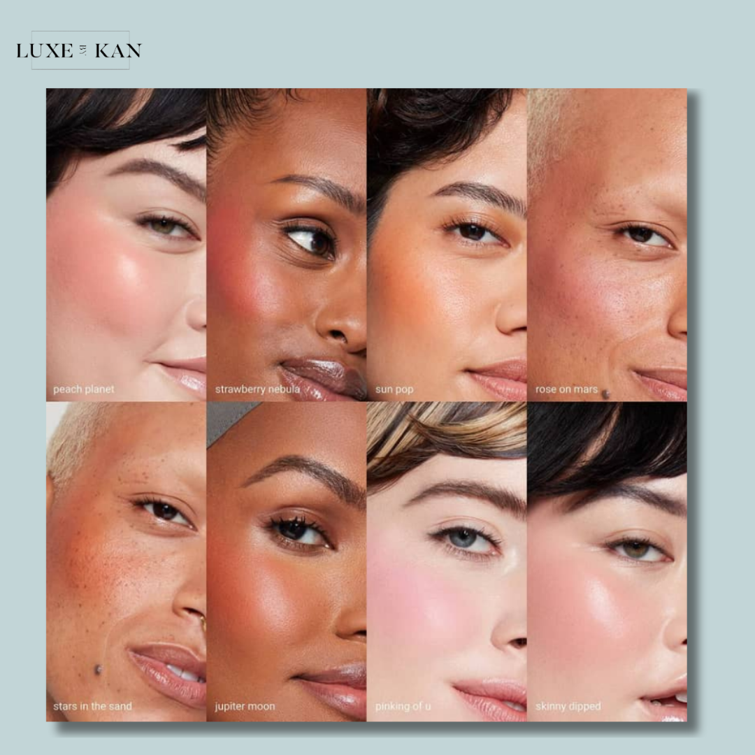 Close-up images of various skin tones showcasing products for brightening and sun damage repair, with text labels on each.