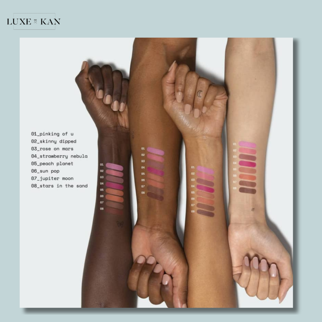 Four diverse arms display swatches of lip colors from Luxe & Kan, with names and shades listed alongside them.
