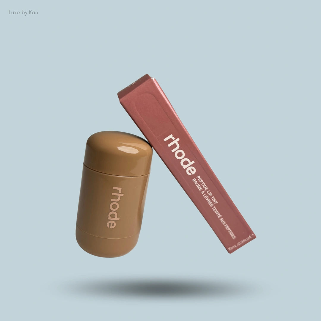 Rhode fall duos: a pocket blush in a bronze container and an angled peptide lip tint package.