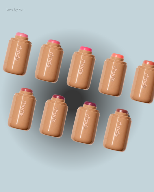 A collection of nine rhode skin pocket blush in various shades.