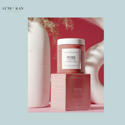 A pink jar of Murshmallow Rose Coconut Milk Luxe Body Polish.