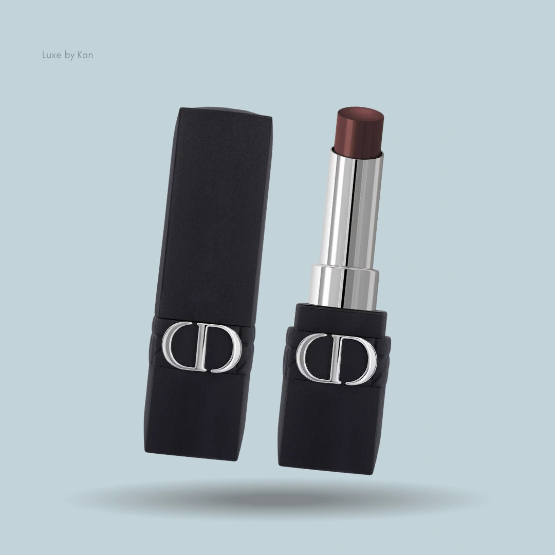 Rouge Dior Forever lipstick, cap on the left. 